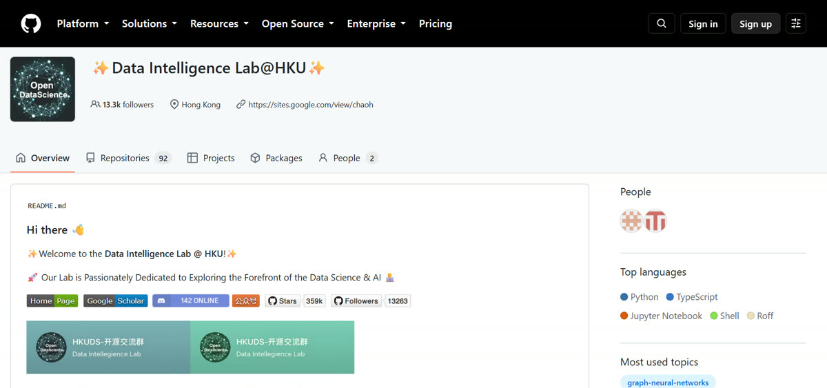 The HKUDS GitHub organisation page, Data Intelligence Lab at HKU