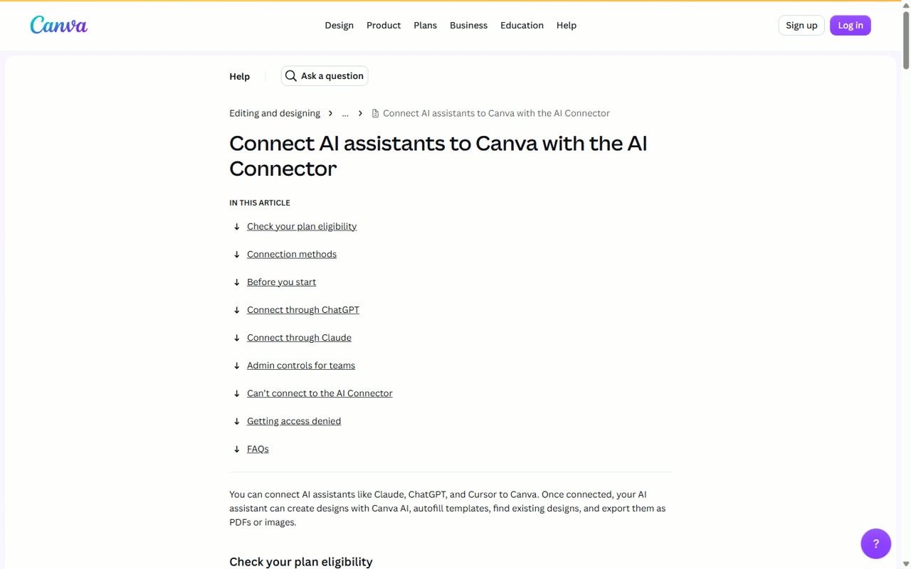 Canva AI Connector setup page for Claude