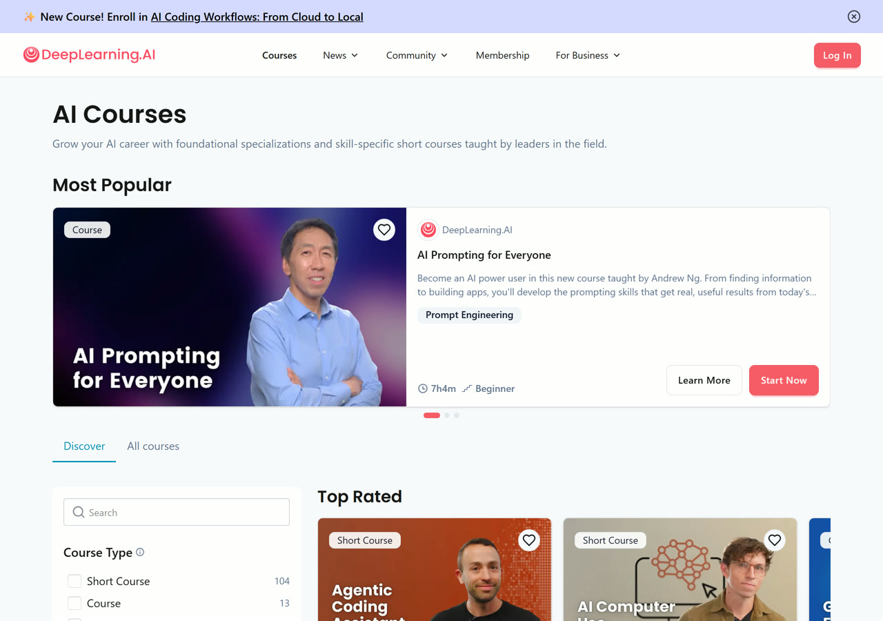 DeepLearning.AI courses, the real page