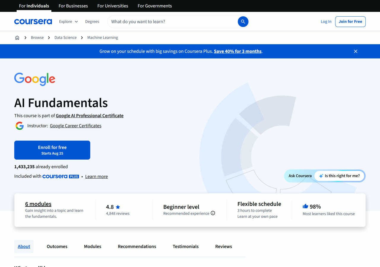 Google AI Essentials on Coursera, the real page