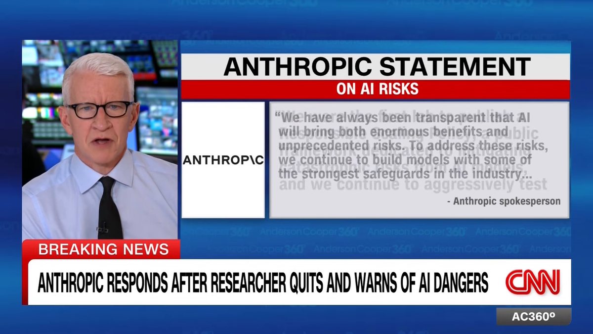 CNN: Anthropic responds after researcher quits. Anthropic spokesperson: We were the first lab to publish a Responsible Scaling Policy, a public framework dedicated to mitigating catastrophic risks from AI models, and we continue to aggressively test our models.
