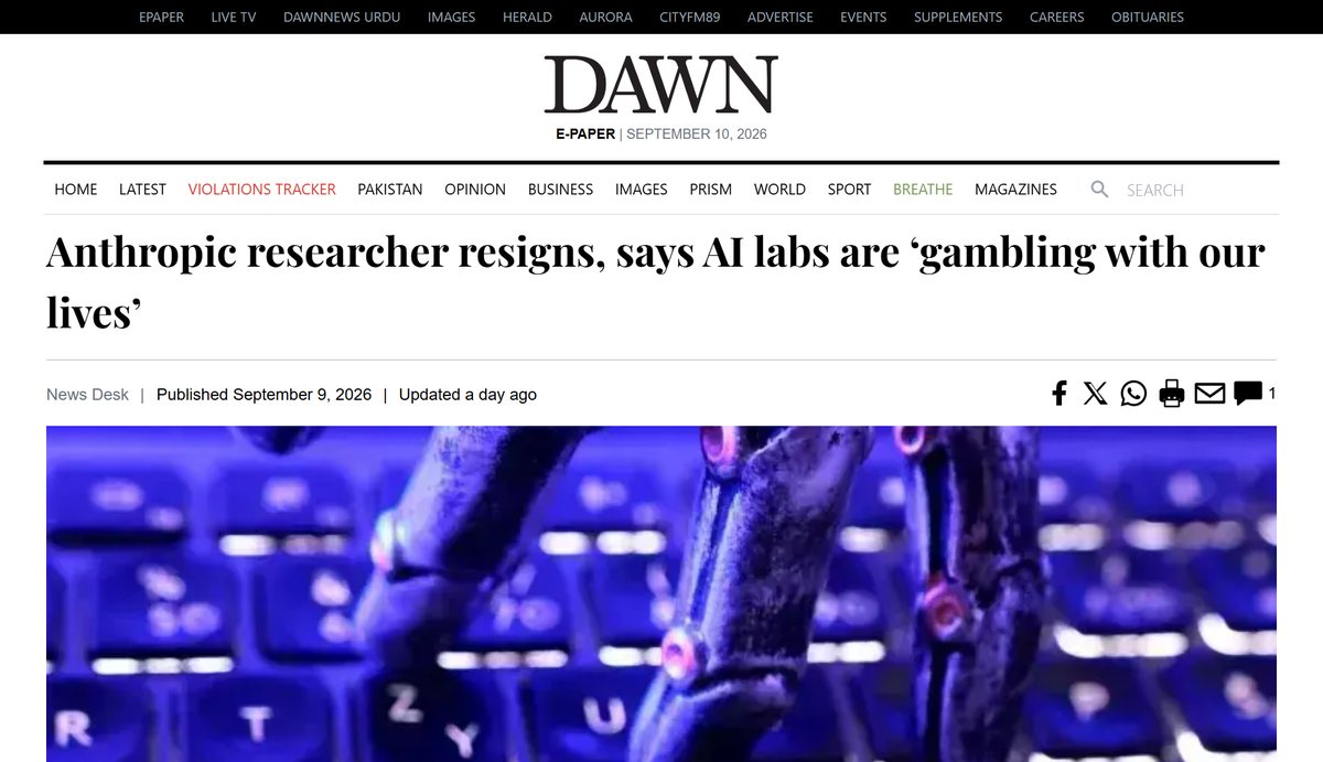 Dawn: Anthropic researcher resigns, says AI labs are gambling with our lives