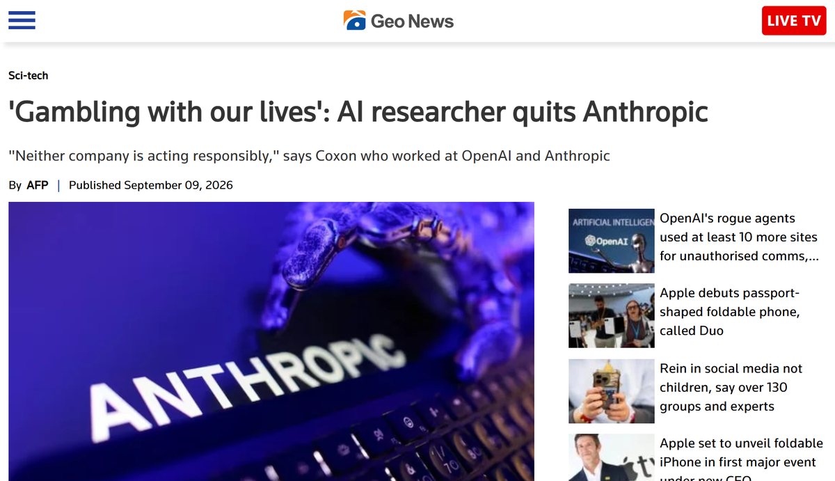 Geo News: Gambling with our lives: AI researcher quits Anthropic