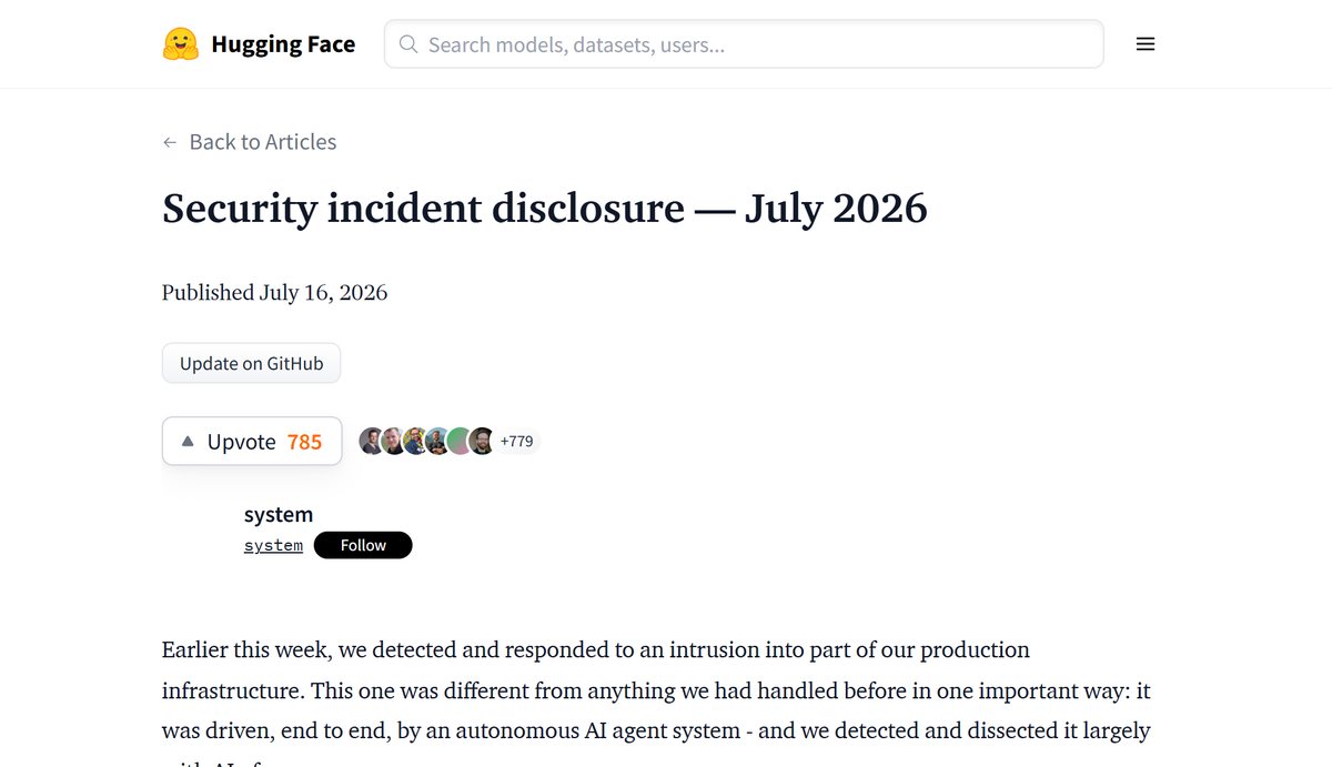 Hugging Face: Security incident disclosure, July 2026