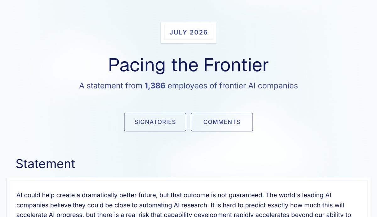 Pacing the Frontier: a statement from 1,386 employees of frontier AI companies