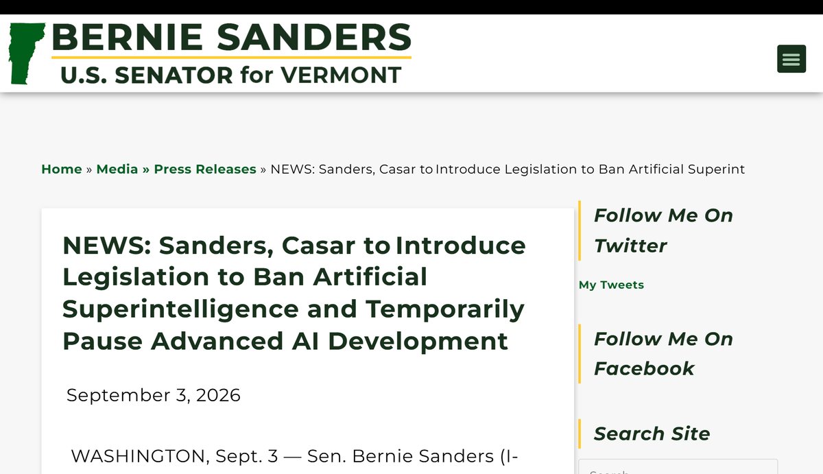 Sanders, Casar to Introduce Legislation to Ban Artificial Superintelligence and Temporarily Pause Advanced AI Development, 3 September 2026