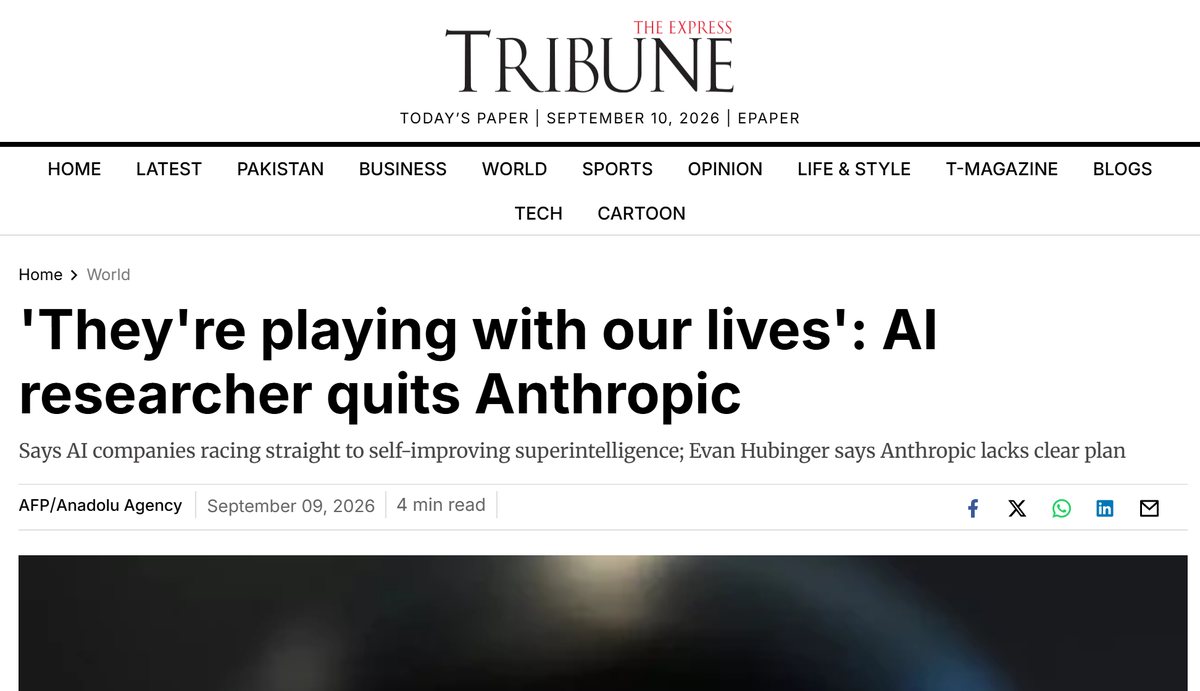 The Express Tribune: They're playing with our lives: AI researcher quits Anthropic