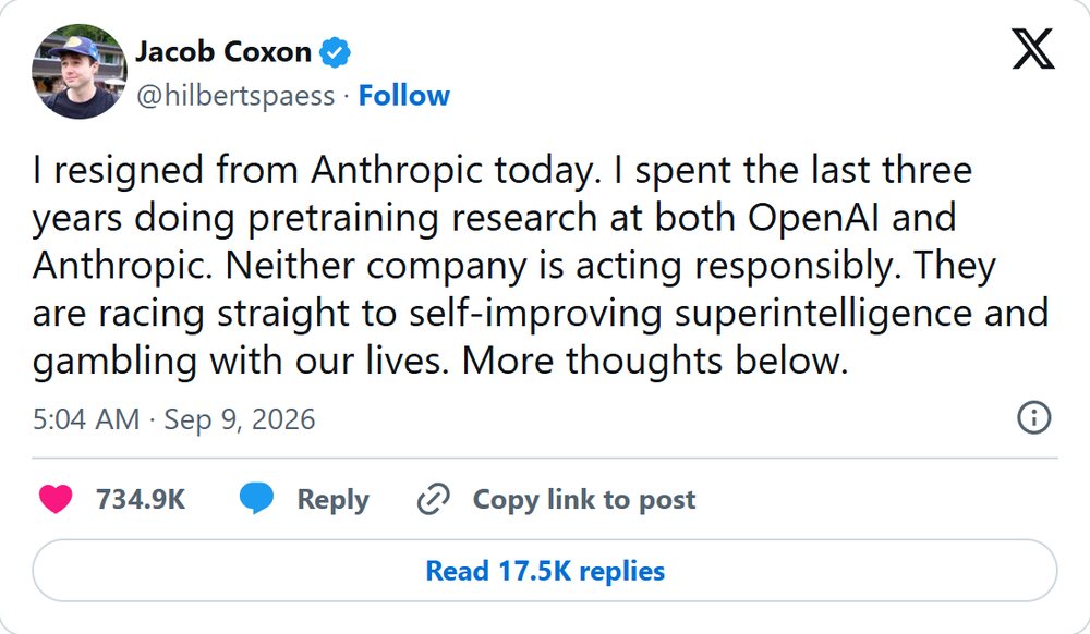 Post 1: I resigned from Anthropic today. Neither company is acting responsibly. They are racing straight to self-improving superintelligence and gambling with our lives.