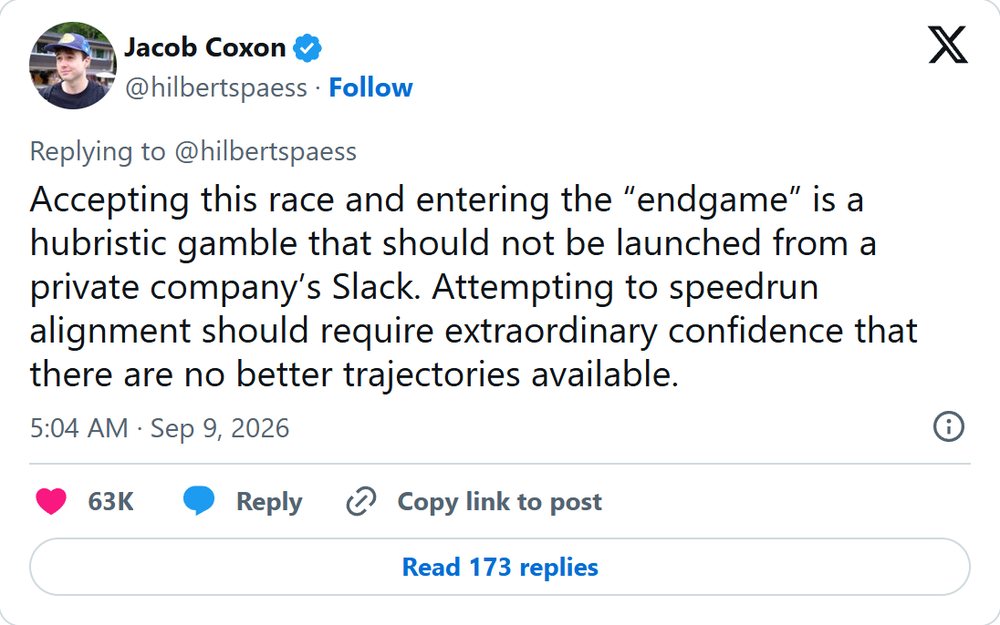 Post 5: Accepting this race and entering the endgame is a hubristic gamble that should not be launched from a private company's Slack.