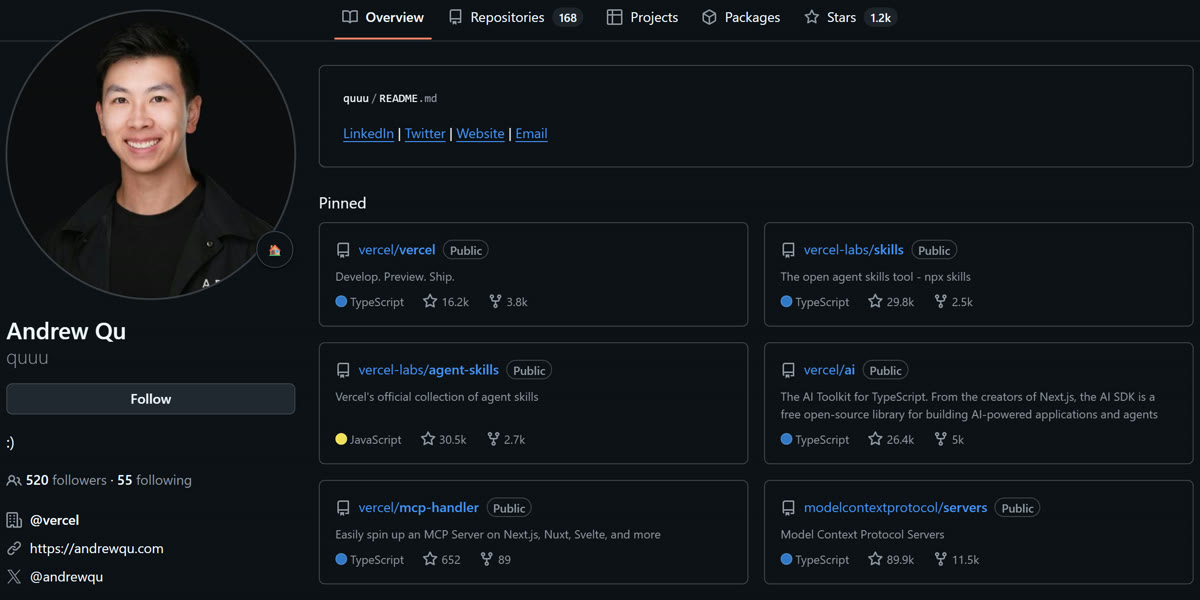 Andrew Qu's GitHub profile, company @vercel, with vercel-labs/skills pinned