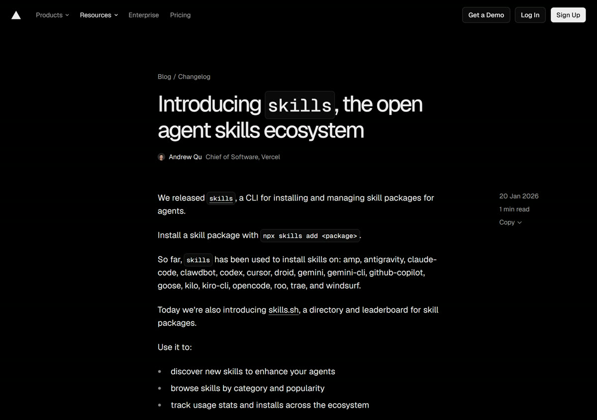 The Vercel changelog post introducing skills