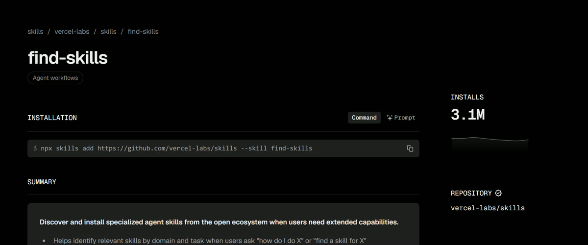 The find-skills page on skills.sh with the install command