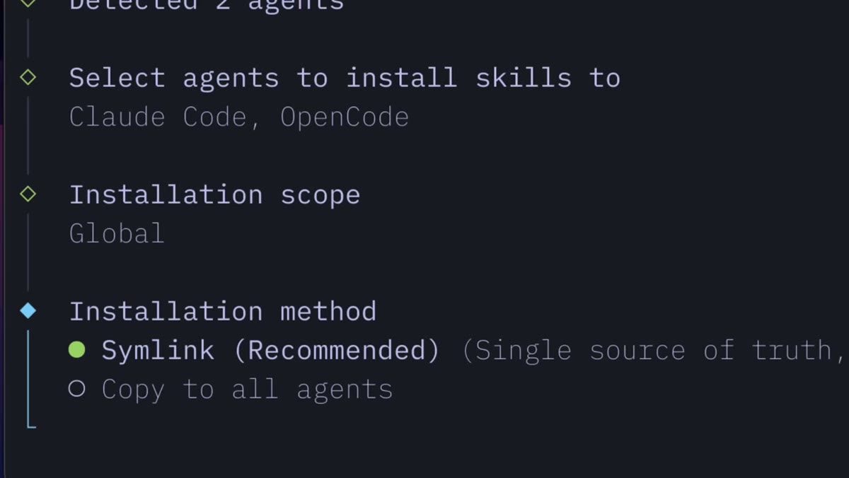 The real install flow in a terminal: Detected 2 agents, select agents, installation scope, symlink