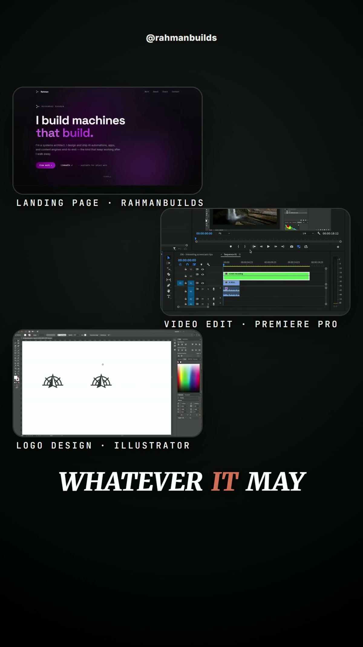 Reel frame: a real landing page, a real video edit, a real logo design