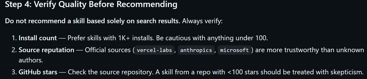 Step 4 of the find-skills SKILL.md: install count, source reputation, GitHub stars