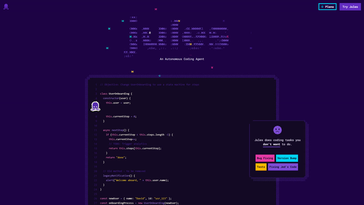 The Jules home page showing a real coding task