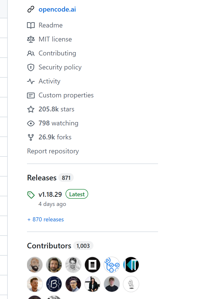 The opencode GitHub sidebar: MIT license, 205.8k stars, 798 watching, 26.9k forks, 871 releases, 1,003 contributors