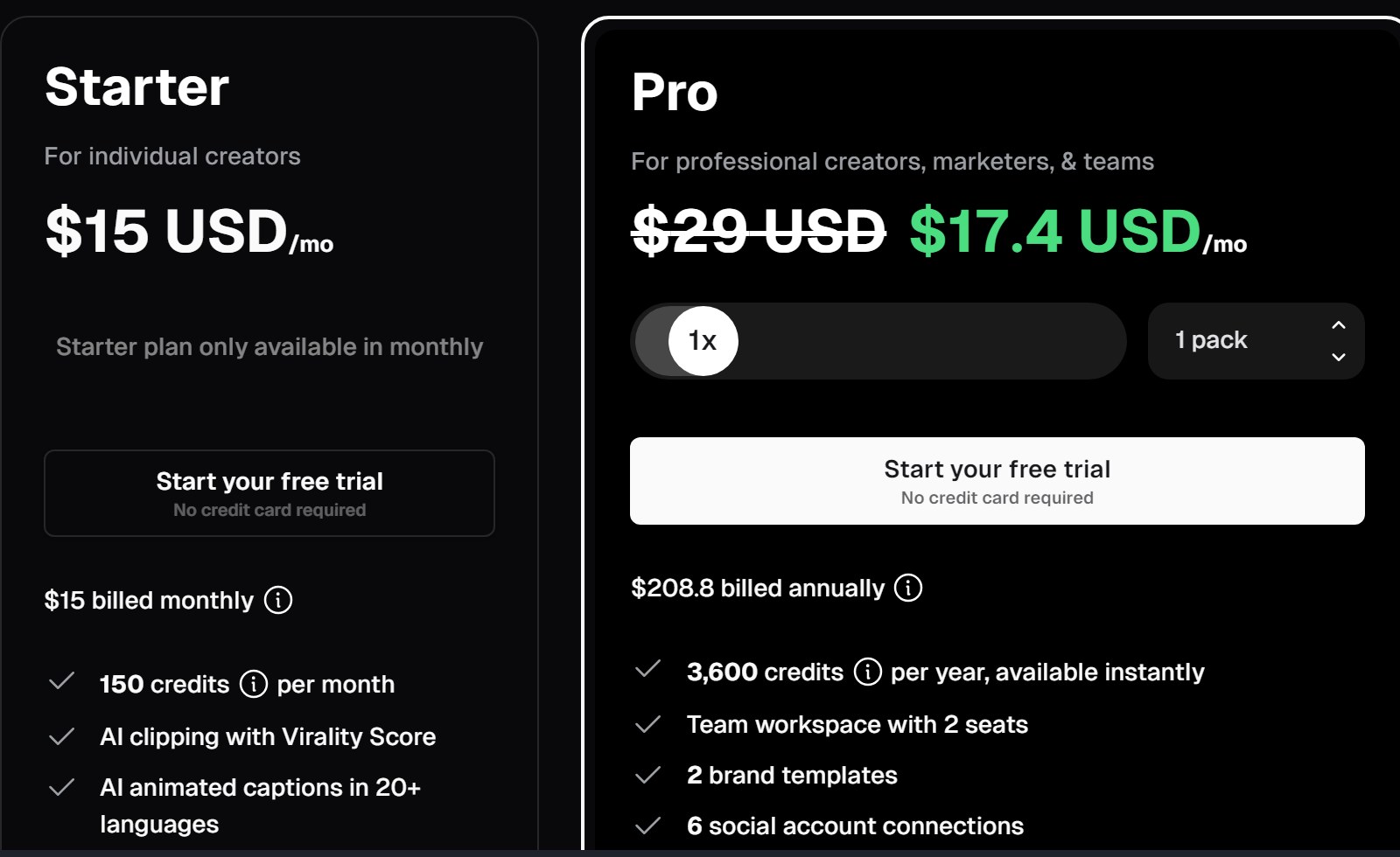 OpusClip pricing: virality score sits on the paid plan