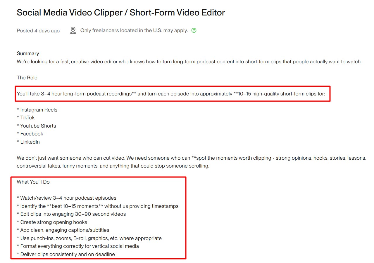 Upwork job posting: Social Media Video Clipper / Short-Form Video Editor