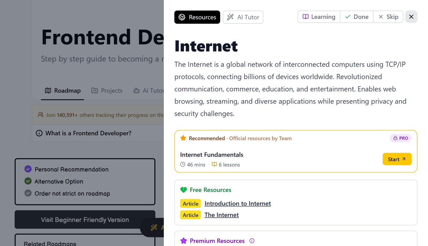 A roadmap box opened on roadmap.sh: the Internet topic with Learning, Done and Skip buttons and free resources