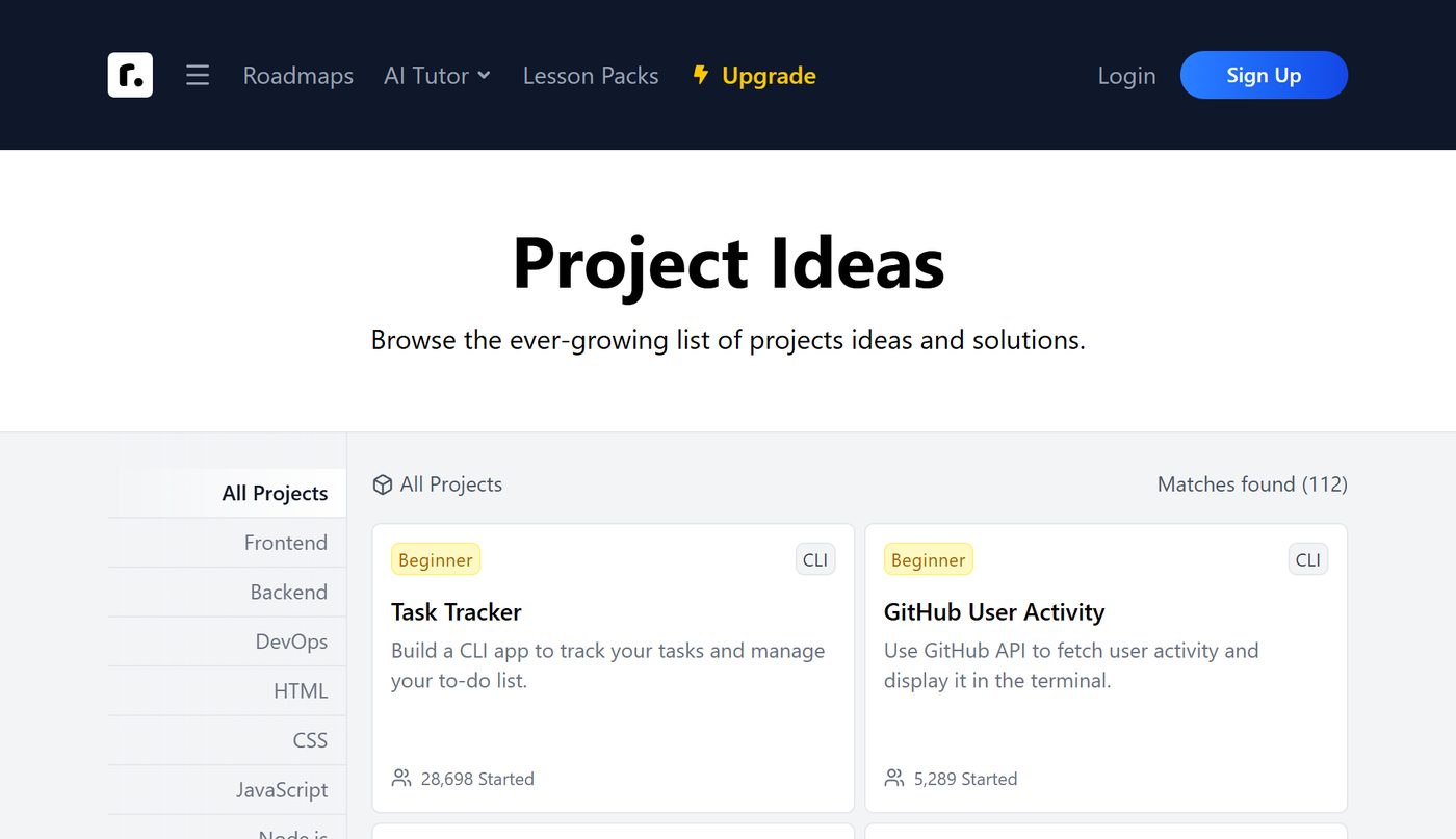 The project ideas page on roadmap.sh