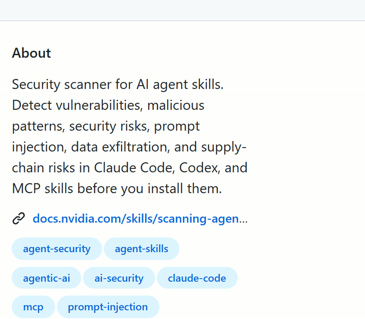 The SkillSpector repository description on GitHub