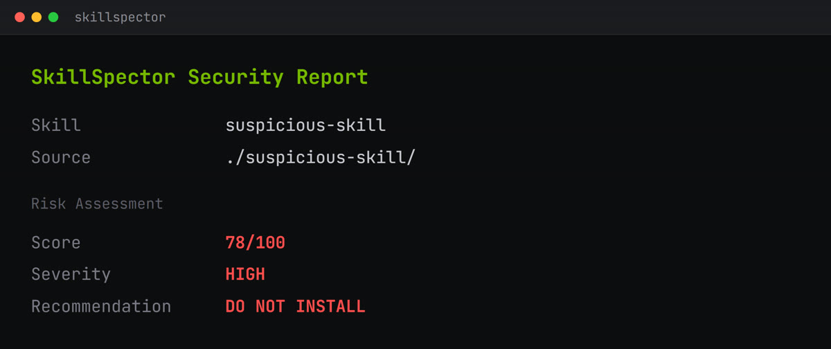 A SkillSpector security report showing 78 out of 100, HIGH, do not install