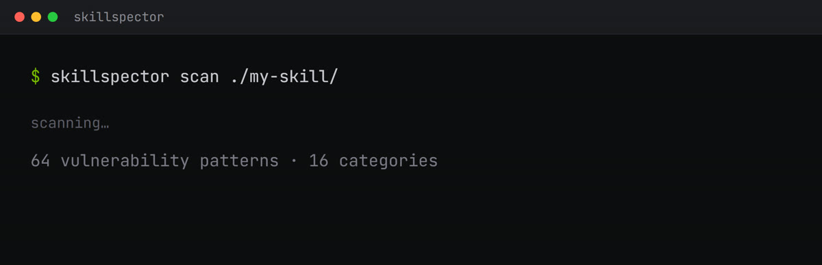 The skillspector scan command running in a terminal