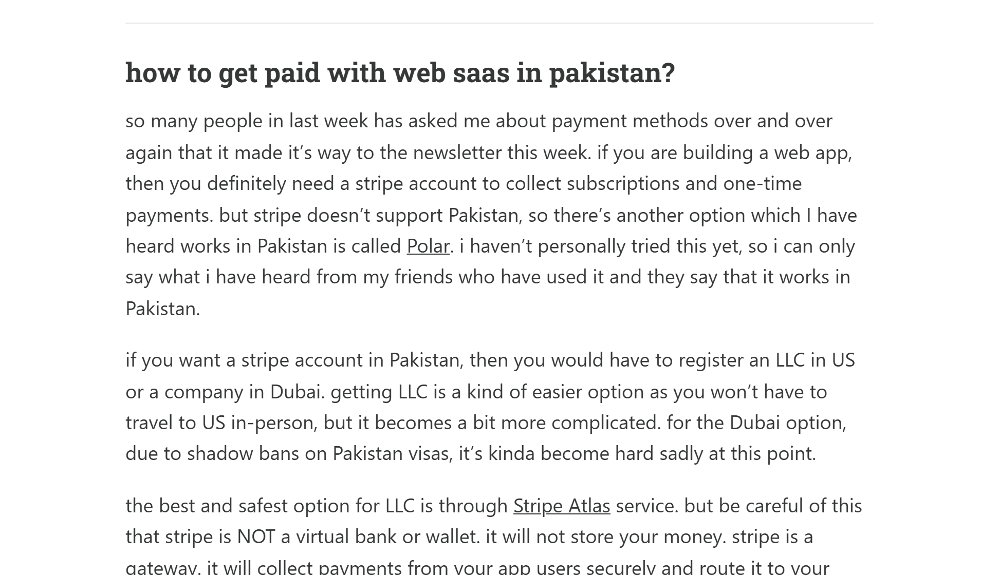His newsletter section: how to get paid with web saas in pakistan