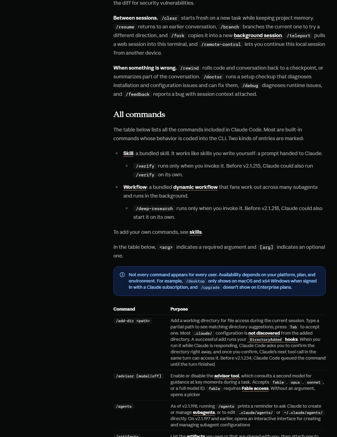 The built-in commands table on code.claude.com