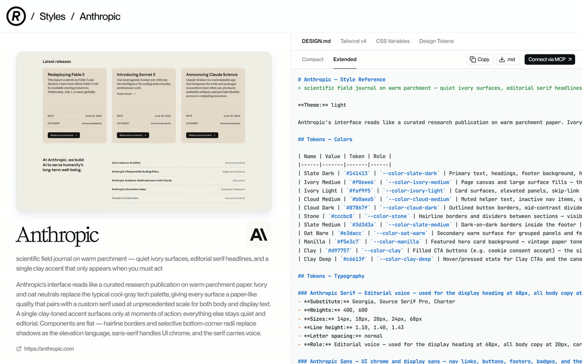 The Anthropic style page with its DESIGN.md panel