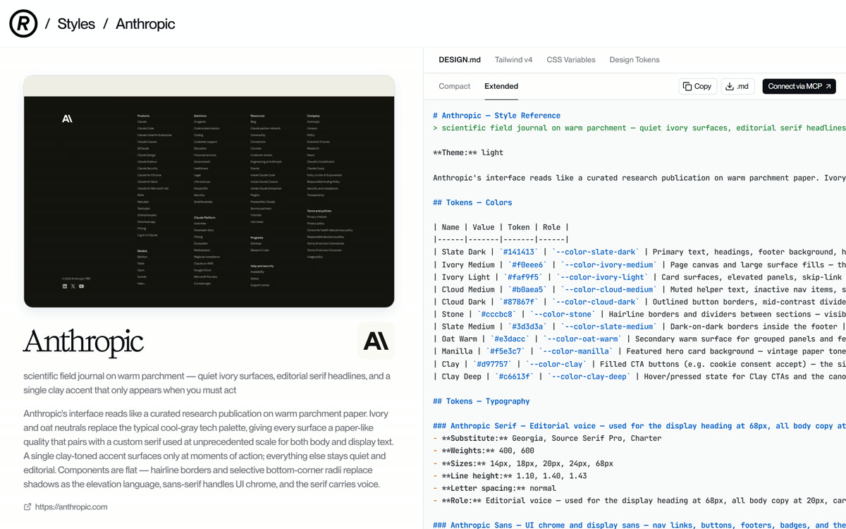 The Anthropic DESIGN.md on styles.refero.design: the colour token table and the typography section