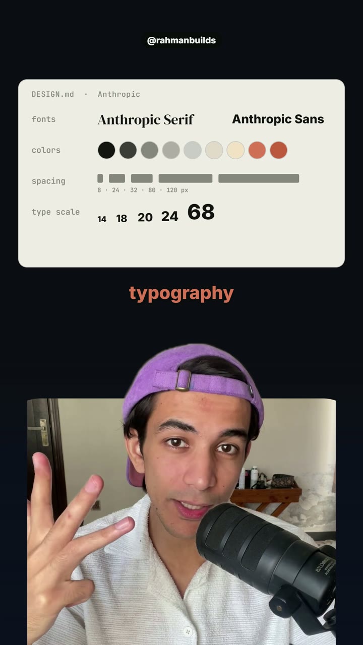 The token card from the reel: fonts, colors, spacing, type scale