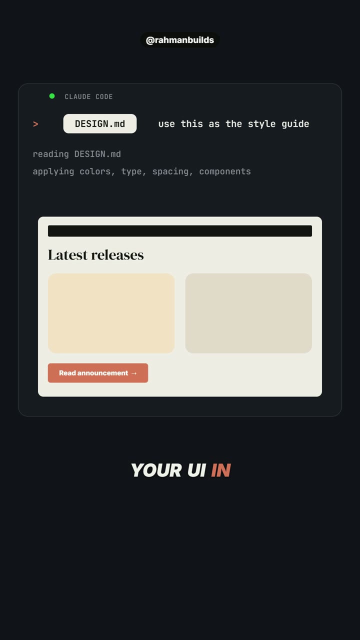 The DESIGN.md dropped into a terminal, the page assembling