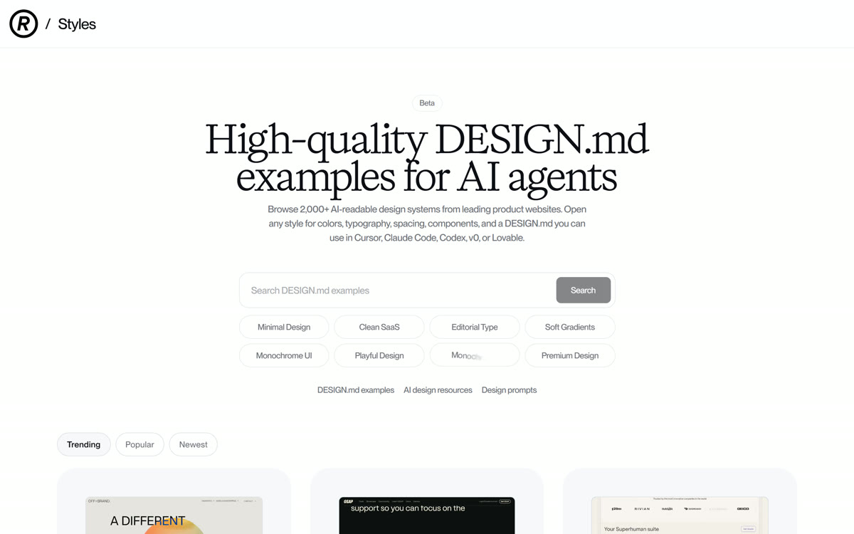 The styles.refero.design homepage: 2,000+ AI-readable design systems, with the Beta tag