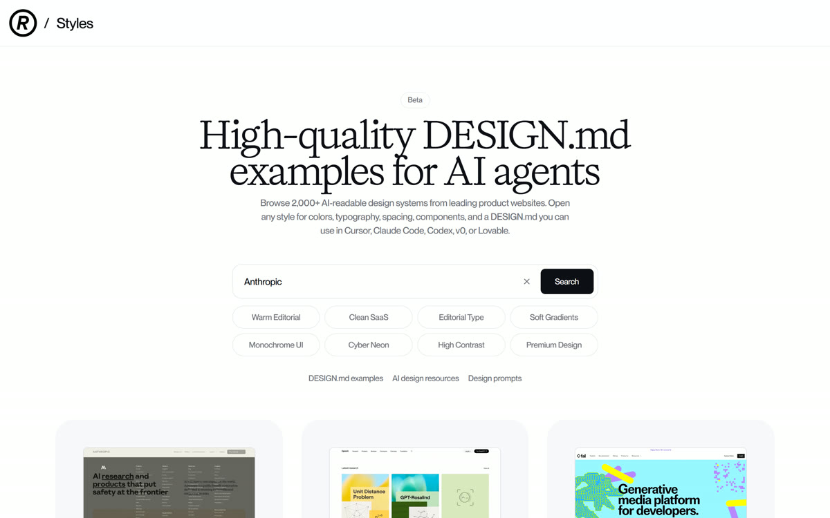Searching Anthropic on styles.refero.design