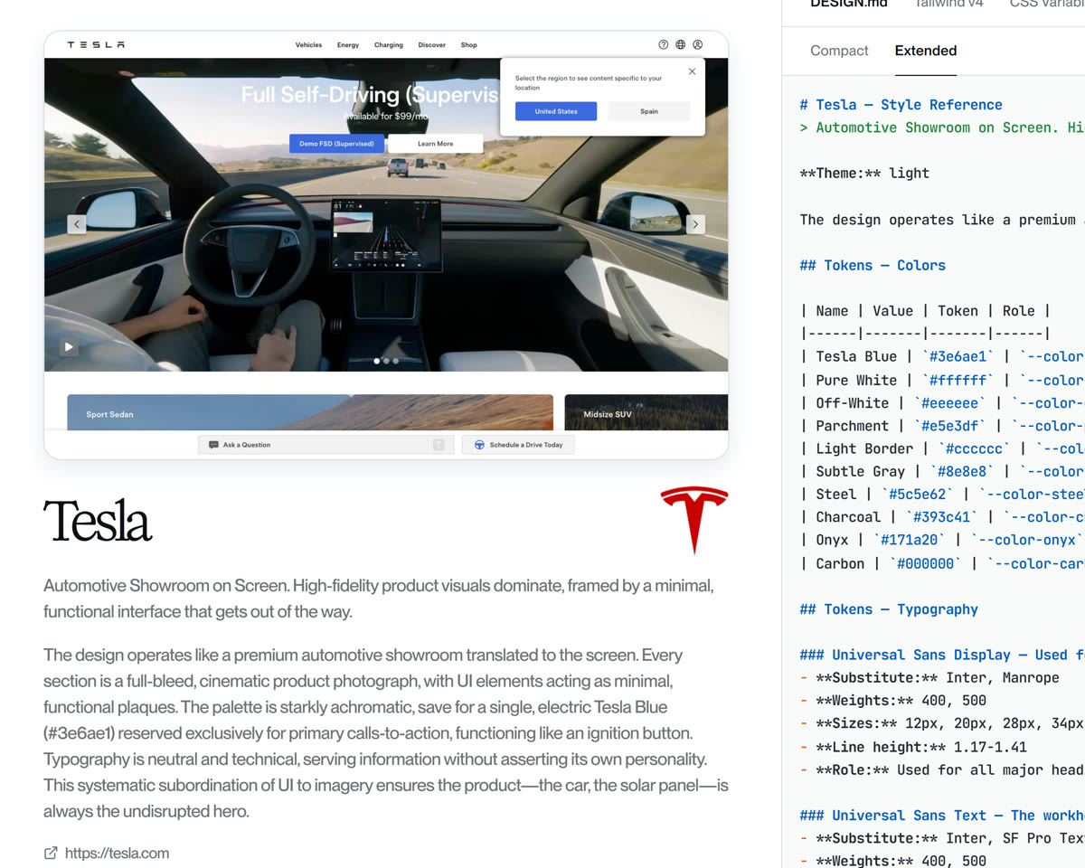 The Tesla style page: site preview, the one-line read, and its DESIGN.md